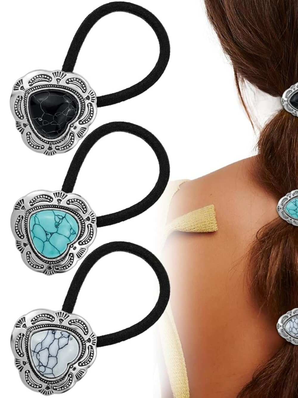 3 Western Ponytail Holders Metal Boho Hair Ties Heart Hair Ropes Turquoise 3 pcs